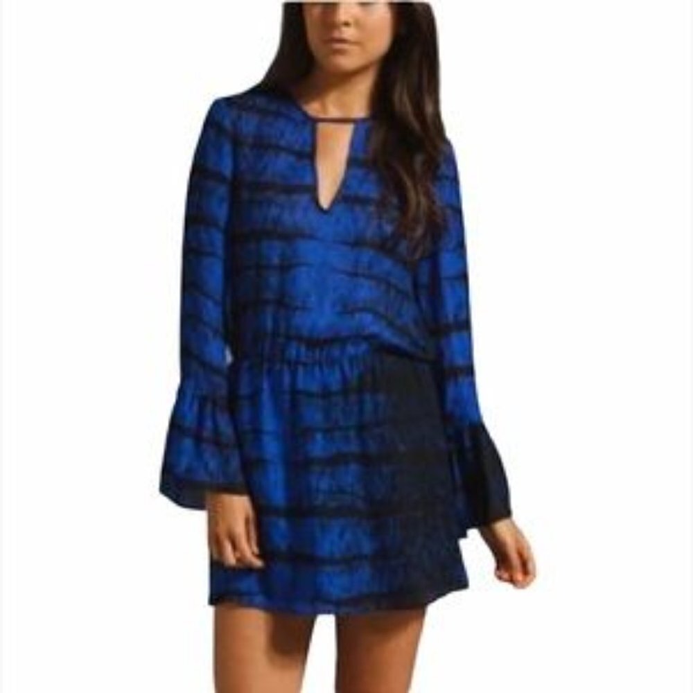 Parker 100% Silk Bell Sleeve Mini Dress in Black & Blue sz S